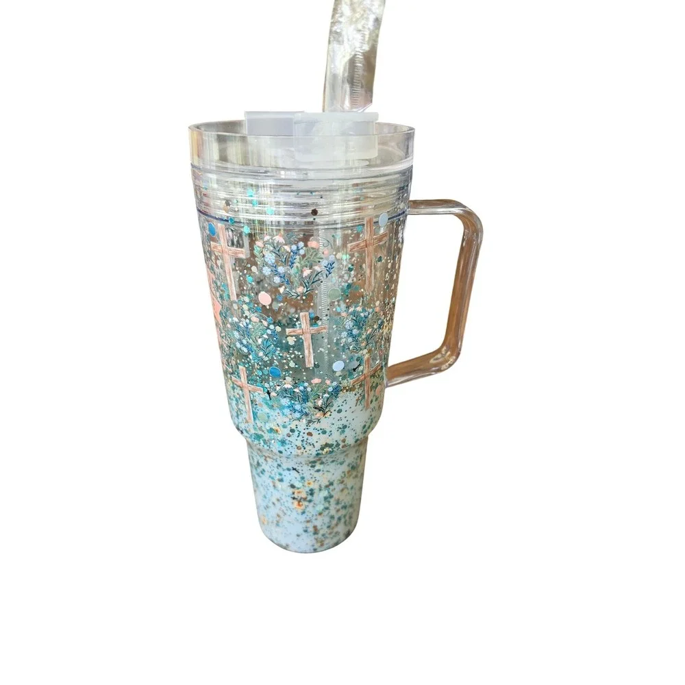 Religious Glitter 40oz Tumbler We Love Because He‎ First Loved Us Cross Floral
